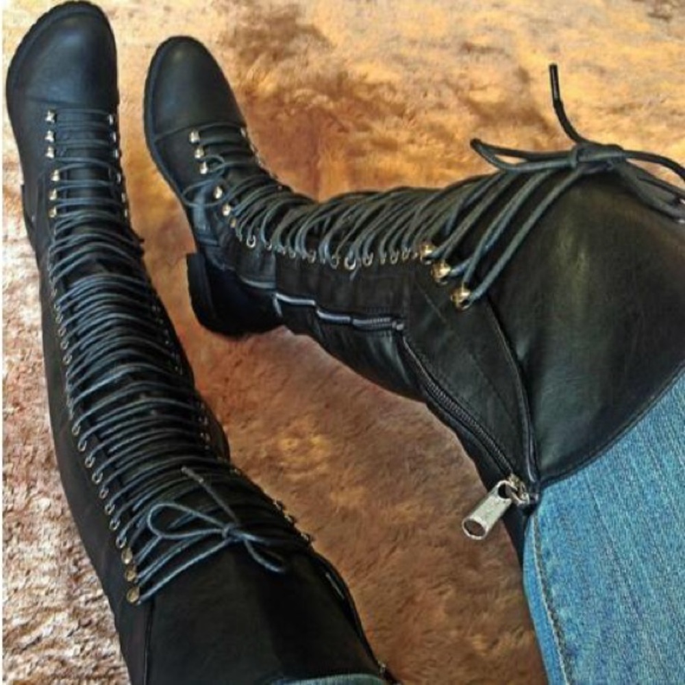 Black Lace-Up Knee-High Boots